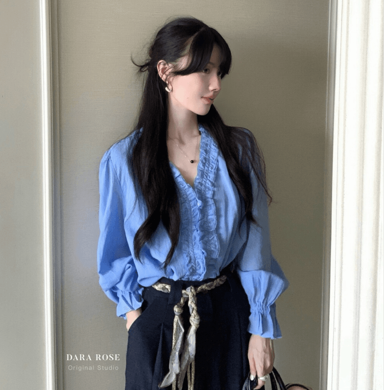 가을 의상 새로운 프랑스식 사소한 파란색 프릴 긴팔 셔츠 고급 센스 루즈핏 슬림해 보이는 나팔 소매 맨위 이미지 2