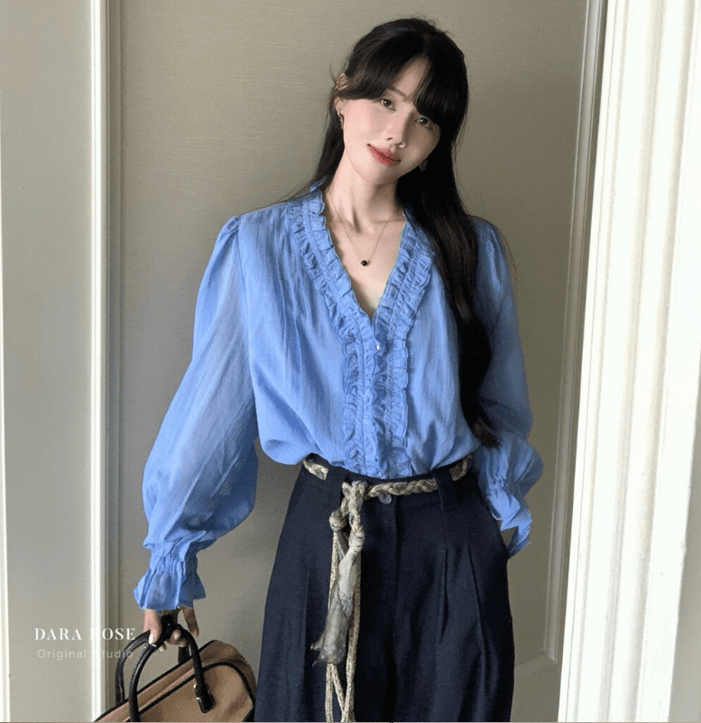 가을 의상 새로운 프랑스식 사소한 파란색 프릴 긴팔 셔츠 고급 센스 루즈핏 슬림해 보이는 나팔 소매 맨위 상세 이미지 2