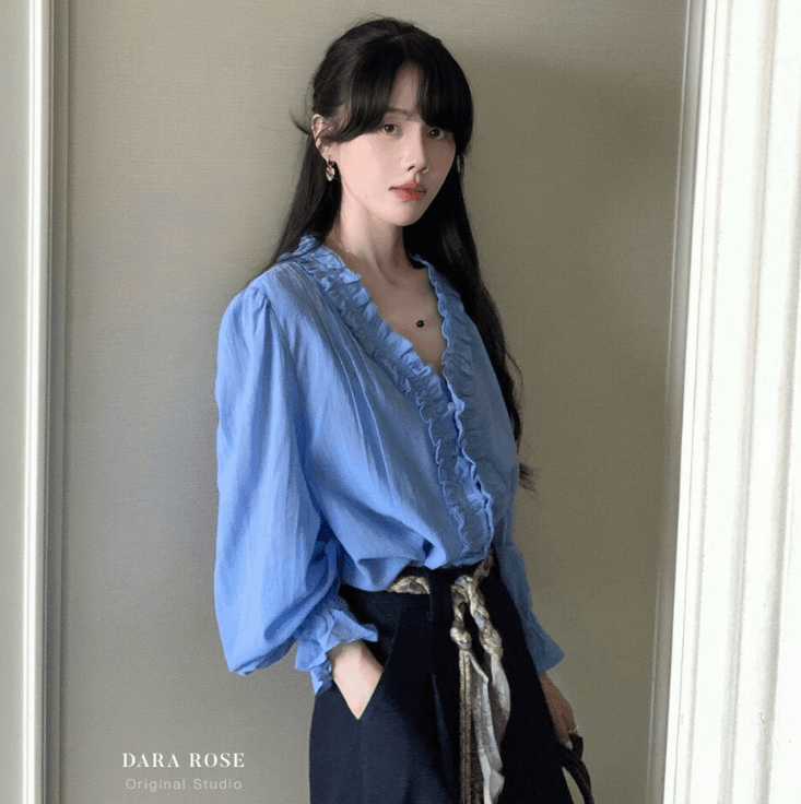 가을 의상 새로운 프랑스식 사소한 파란색 프릴 긴팔 셔츠 고급 센스 루즈핏 슬림해 보이는 나팔 소매 맨위 상세 이미지 5
