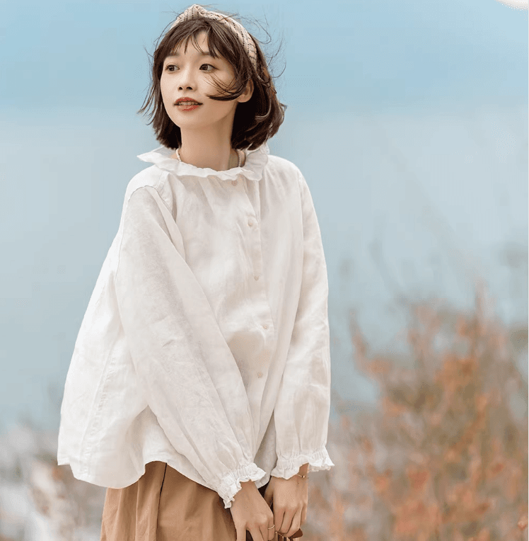 가을 의상 새로운 화이트 셔츠 긴팔 여성 의류 루즈핏 프릴 맨위 Chic 프랑스식 셔츠