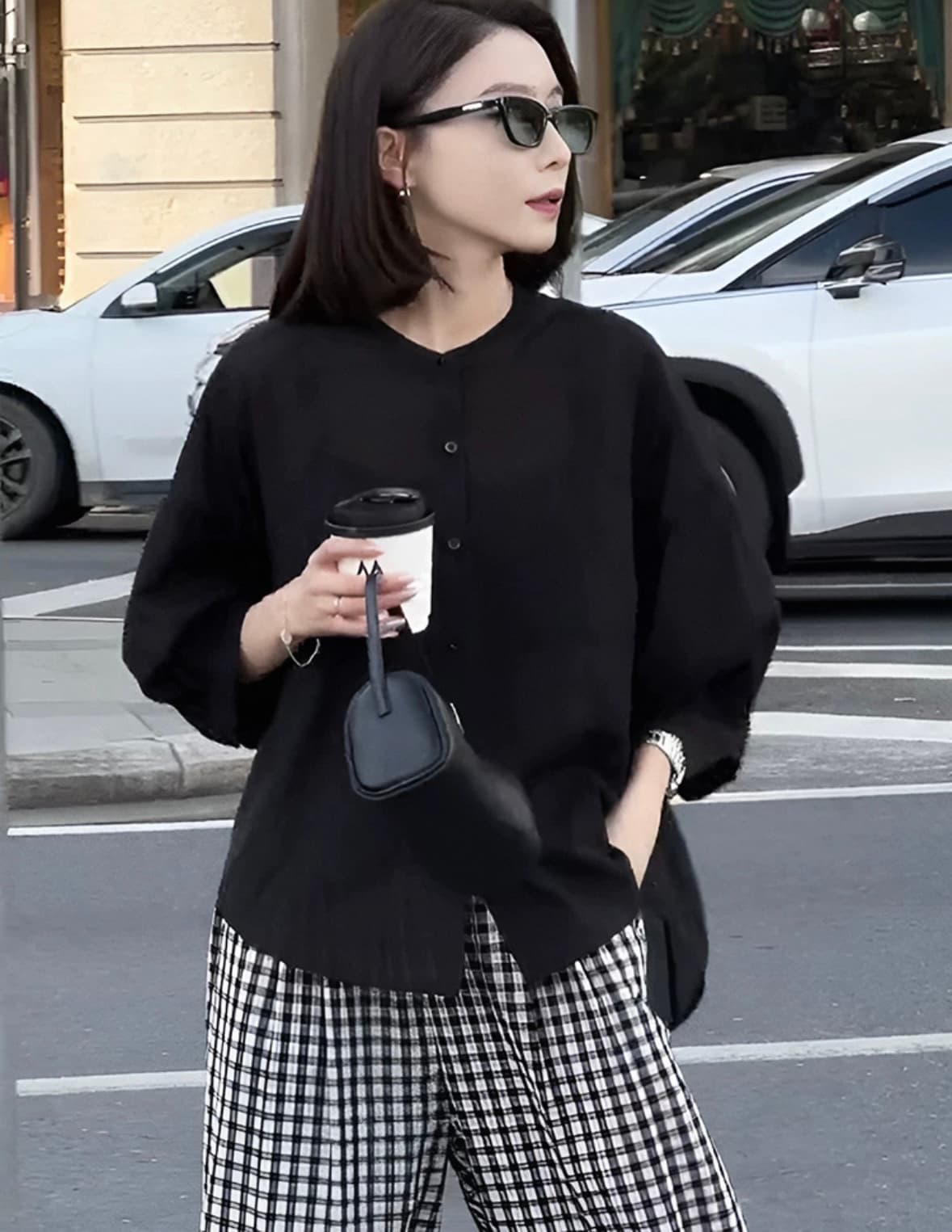 여름 드레스 지방 mm 유럽 상품 면 소재 체크무늬 와이드 레그 팬츠 빅 사이즈 루즈핏 슬림해 보이는 표지 고기 얇은 스타일 캐주얼 9부 바지 세트 상세 이미지 16