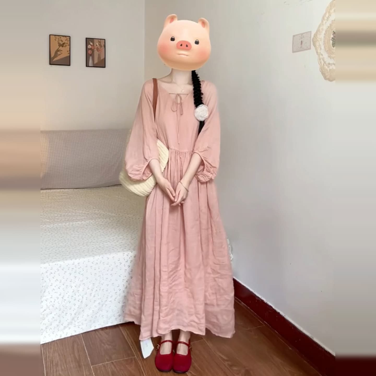 여름 드레스 새로운 빅 사이즈 여성 의류 핑크색 순수한 라미 단색 빅 사이즈 V넥 레이스업 드레스 루즈핏 여성 치마 이미지 2