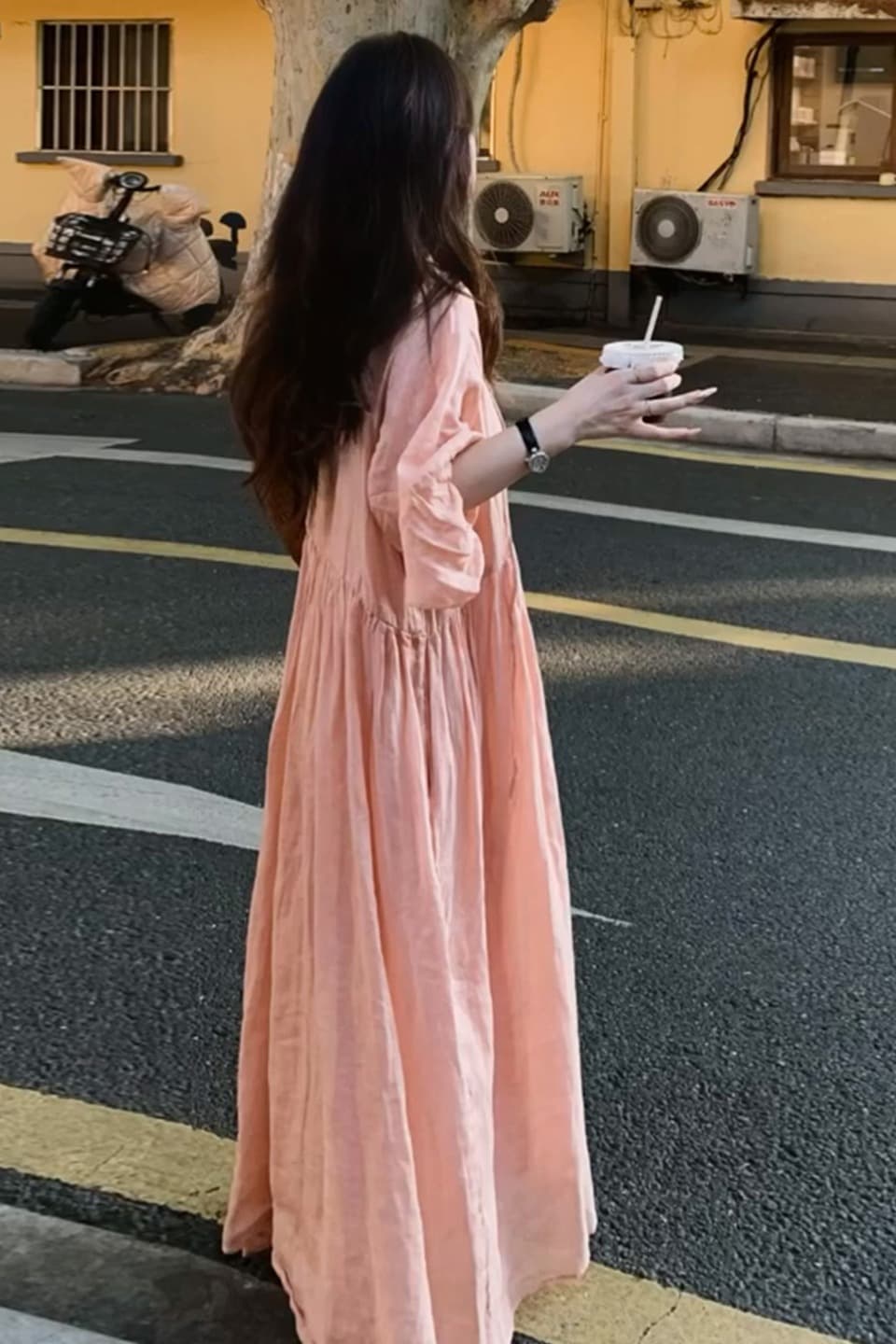 여름 드레스 새로운 빅 사이즈 um 프랑스식 V넥 레이스업 치마 문예 느긋한 바람 루즈핏 큰 진자 롱 코트 드레스 이미지 6