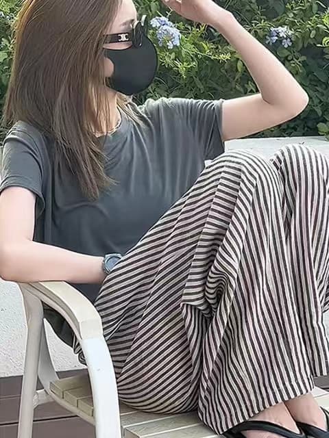 여름 드레스 한국 스타일 패션 캐주얼 스트레이트 와이드 레깅스 바지 새로운 빅 사이즈 슬림해 보이는 다용도 얇은 스타일 스트라이프 바지 상세 이미지 5