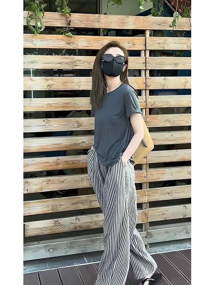 여름 드레스 한국 스타일 패션 캐주얼 스트레이트 와이드 레깅스 바지 새로운 빅 사이즈 슬림해 보이는 다용도 얇은 스타일 스트라이프 바지 상세 이미지 10