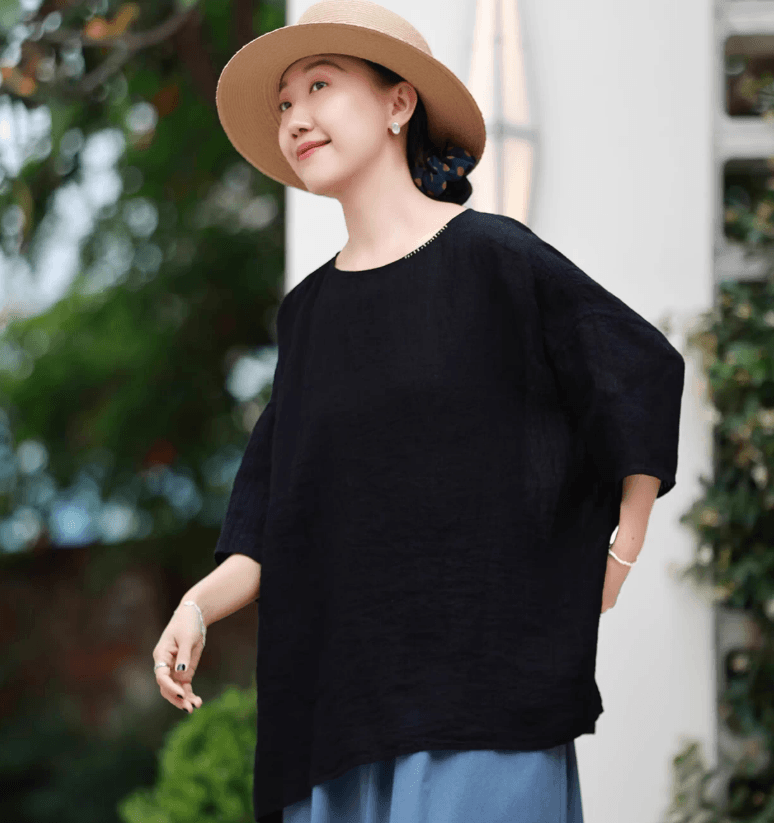 여름 드레스 새로운 빅 사이즈 여성 의류 얇은 스타일 편안함 면 린넨 주름 셔츠 루즈핏 풀오버 셔츠 이미지 3