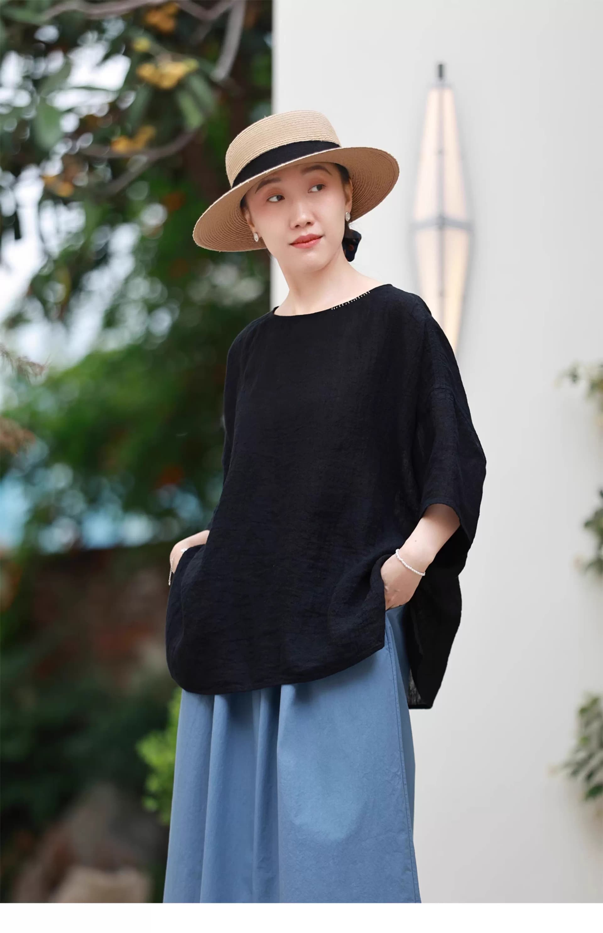 여름 드레스 새로운 빅 사이즈 여성 의류 얇은 스타일 편안함 면 린넨 주름 셔츠 루즈핏 풀오버 셔츠 상세 이미지 41