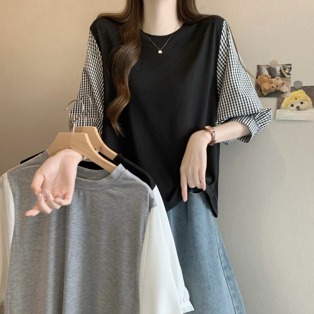 실사 여름 드레스 국경 간 일본과 한국 부서 티셔츠 셔츠 패치워크 색상 Chic 라운드 넥 루즈핏 레트로 디자인 센스 면 맨위 이미지 2