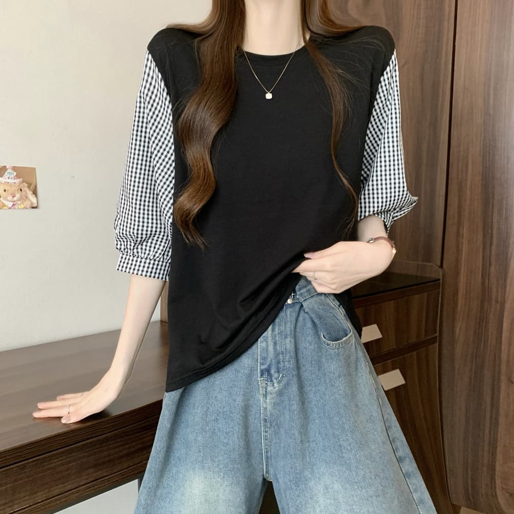 실사 여름 드레스 국경 간 일본과 한국 부서 티셔츠 셔츠 패치워크 색상 Chic 라운드 넥 루즈핏 레트로 디자인 센스 면 맨위 이미지 4