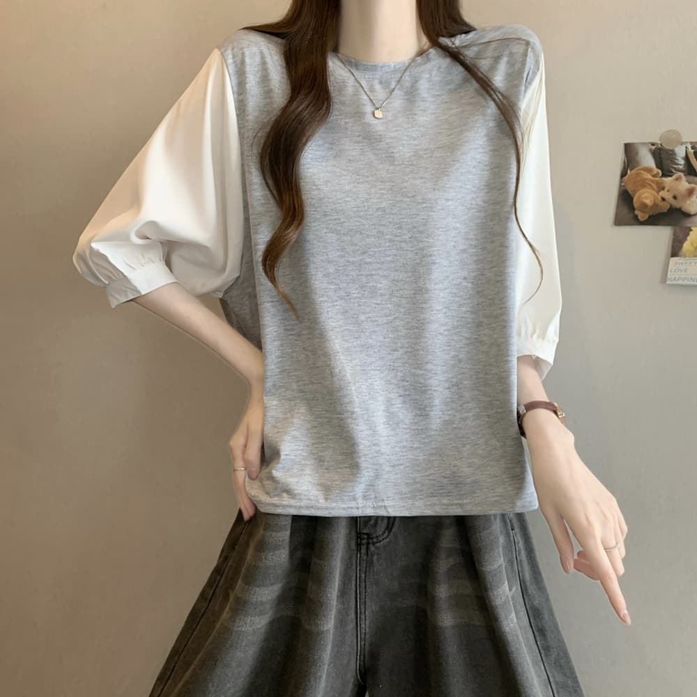 실사 여름 드레스 국경 간 일본과 한국 부서 티셔츠 셔츠 패치워크 색상 Chic 라운드 넥 루즈핏 레트로 디자인 센스 면 맨위 이미지 6