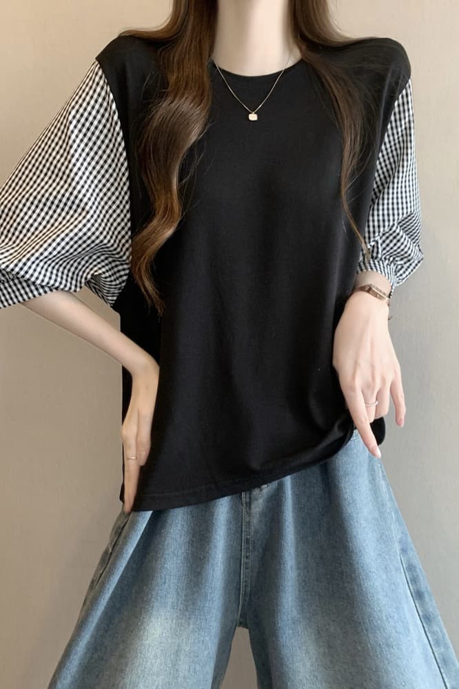 실사 여름 드레스 국경 간 일본과 한국 부서 티셔츠 셔츠 패치워크 색상 Chic 라운드 넥 루즈핏 레트로 디자인 센스 면 맨위 이미지 7
