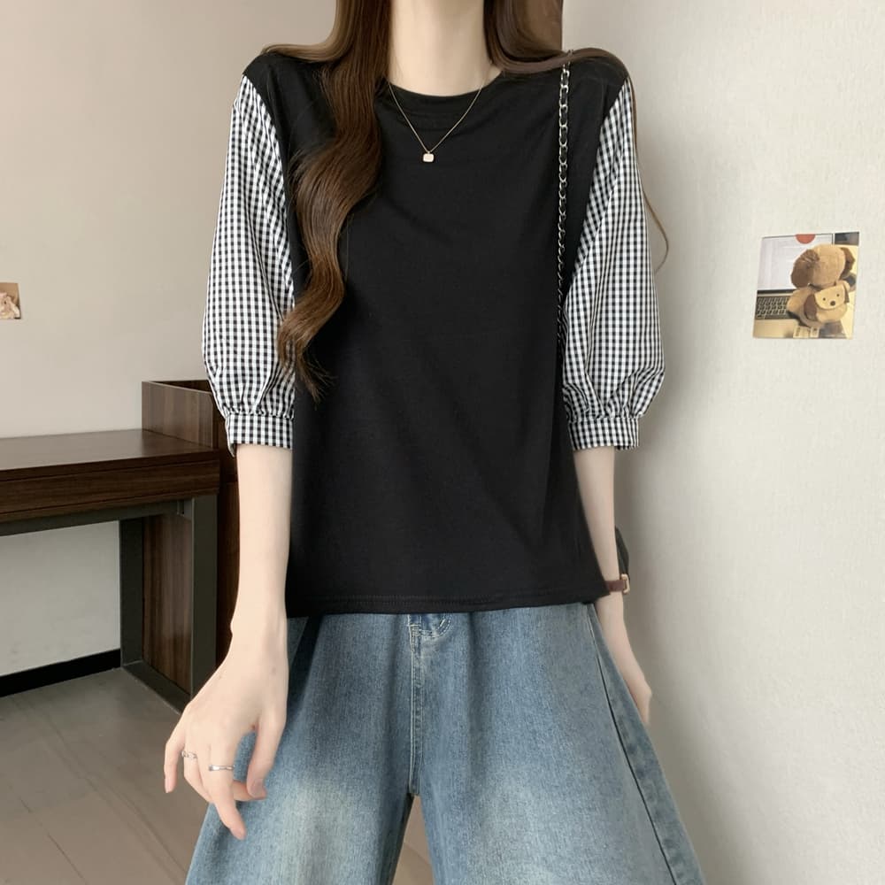 실사 여름 드레스 국경 간 일본과 한국 부서 티셔츠 셔츠 패치워크 색상 Chic 라운드 넥 루즈핏 레트로 디자인 센스 면 맨위 상세 이미지 3