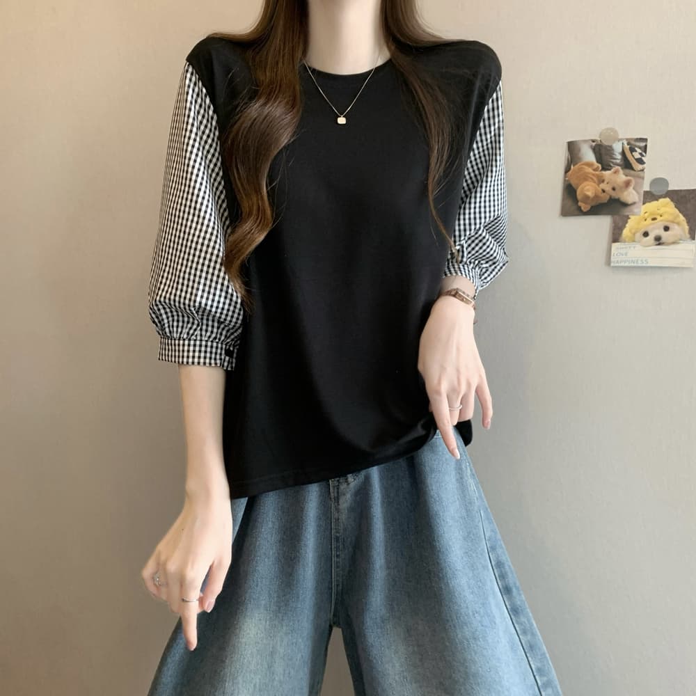 실사 여름 드레스 국경 간 일본과 한국 부서 티셔츠 셔츠 패치워크 색상 Chic 라운드 넥 루즈핏 레트로 디자인 센스 면 맨위 상세 이미지 4
