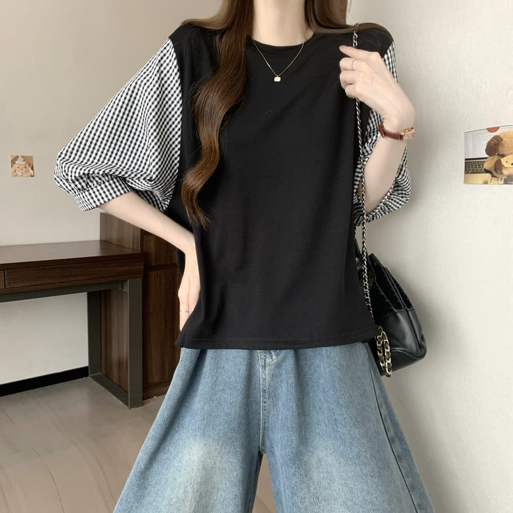 실사 여름 드레스 국경 간 일본과 한국 부서 티셔츠 셔츠 패치워크 색상 Chic 라운드 넥 루즈핏 레트로 디자인 센스 면 맨위 상세 이미지 5