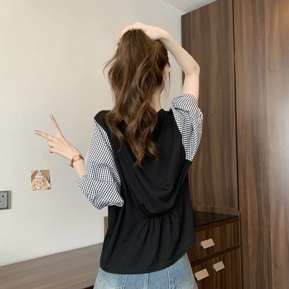 실사 여름 드레스 국경 간 일본과 한국 부서 티셔츠 셔츠 패치워크 색상 Chic 라운드 넥 루즈핏 레트로 디자인 센스 면 맨위 상세 이미지 8