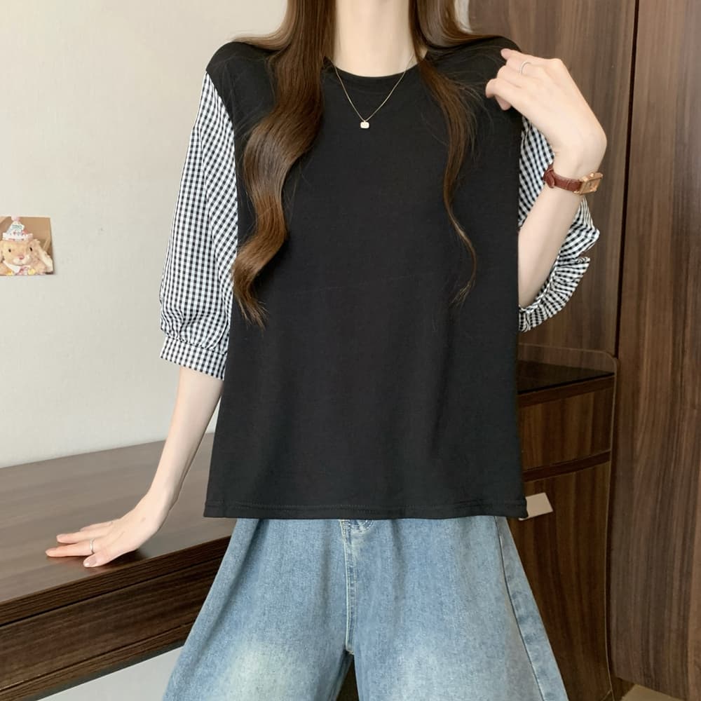 실사 여름 드레스 국경 간 일본과 한국 부서 티셔츠 셔츠 패치워크 색상 Chic 라운드 넥 루즈핏 레트로 디자인 센스 면 맨위 상세 이미지 10