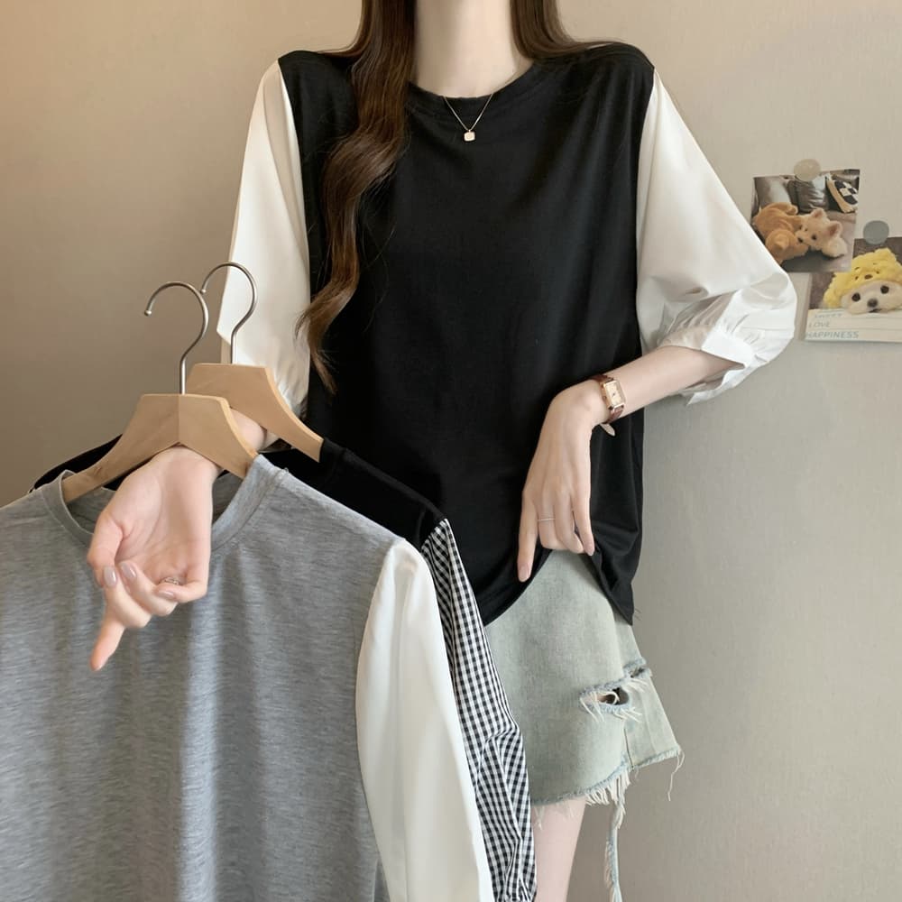 실사 여름 드레스 국경 간 일본과 한국 부서 티셔츠 셔츠 패치워크 색상 Chic 라운드 넥 루즈핏 레트로 디자인 센스 면 맨위 상세 이미지 12