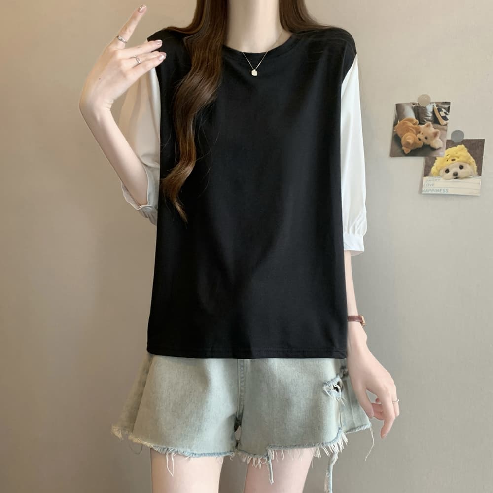 실사 여름 드레스 국경 간 일본과 한국 부서 티셔츠 셔츠 패치워크 색상 Chic 라운드 넥 루즈핏 레트로 디자인 센스 면 맨위 상세 이미지 14