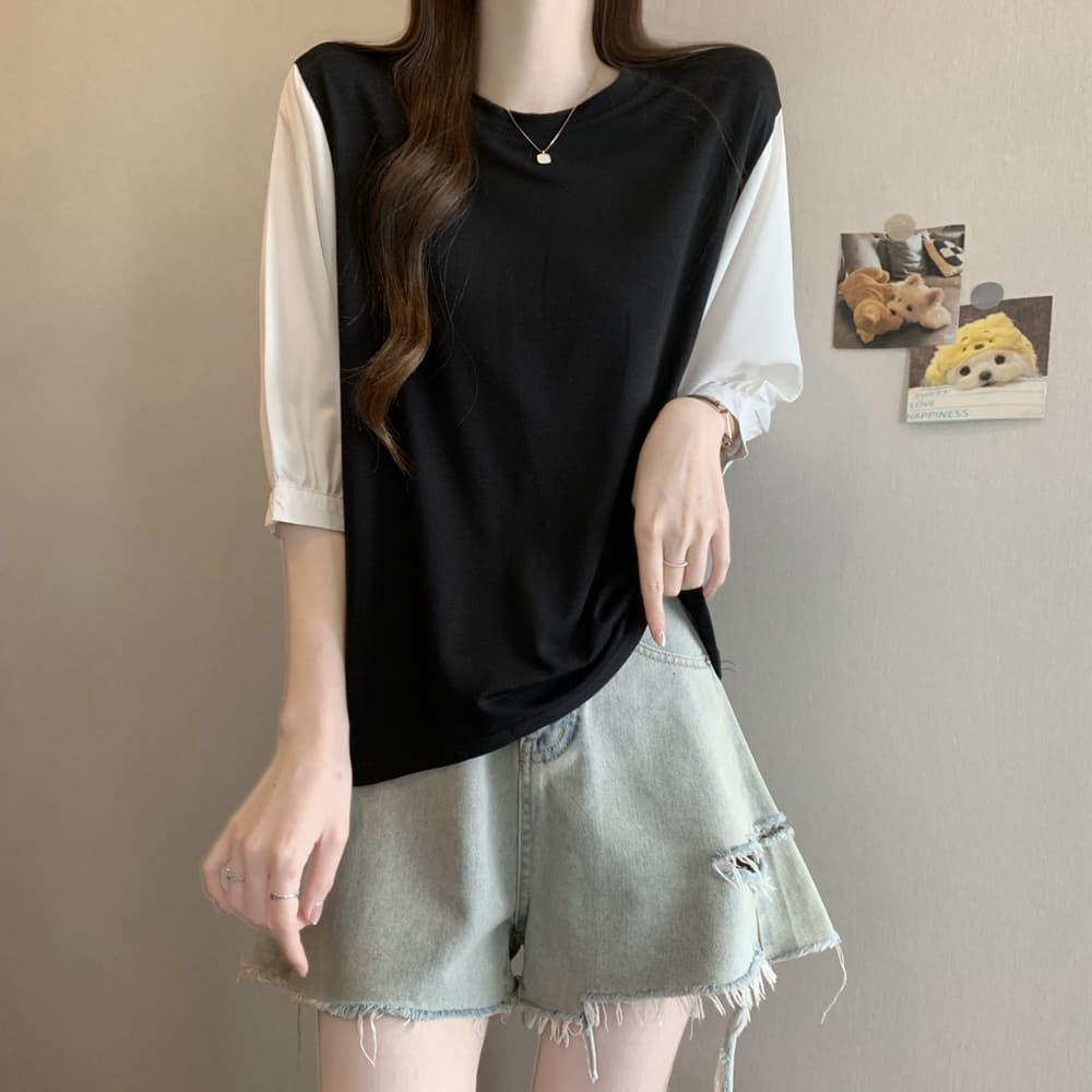 실사 여름 드레스 국경 간 일본과 한국 부서 티셔츠 셔츠 패치워크 색상 Chic 라운드 넥 루즈핏 레트로 디자인 센스 면 맨위 상세 이미지 16