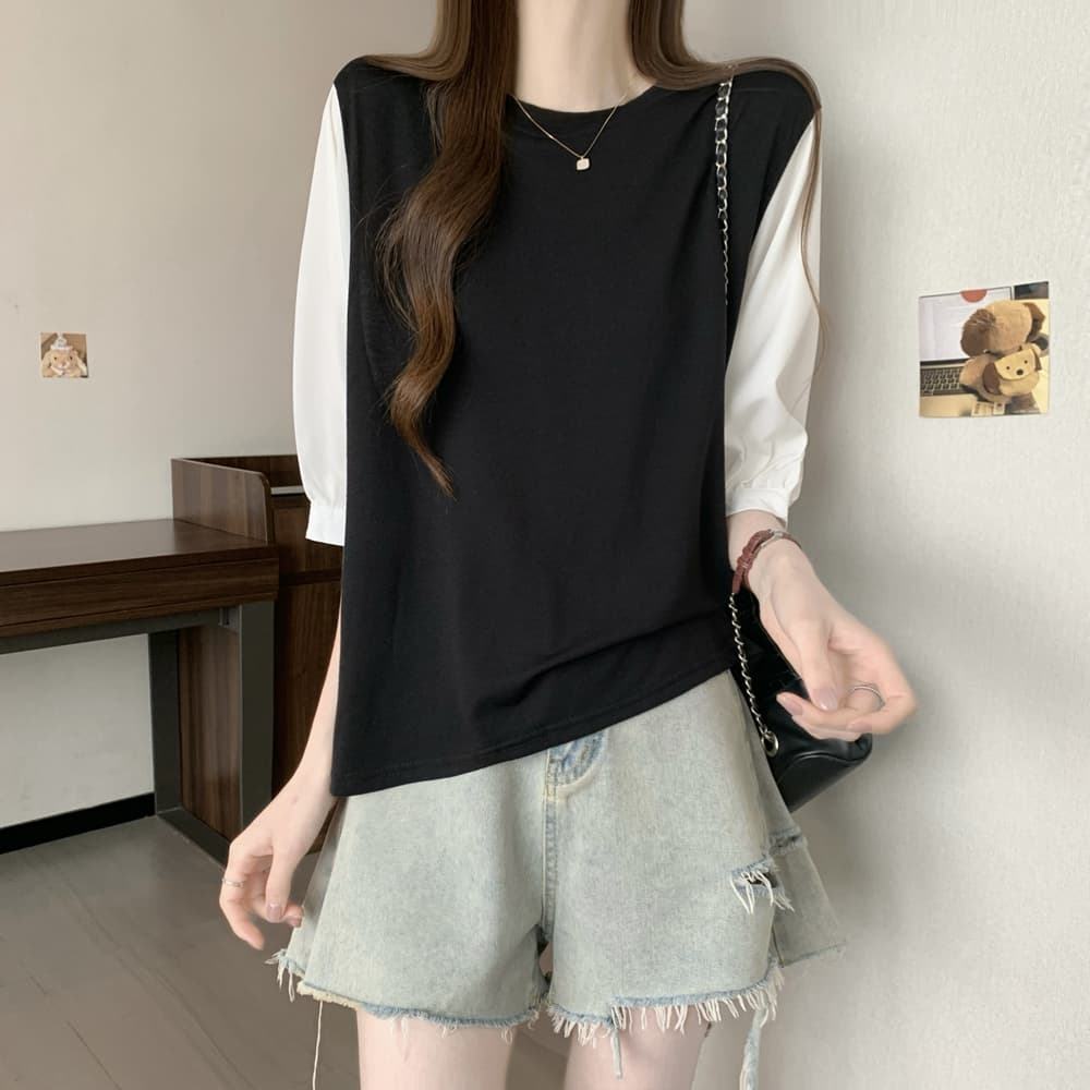 실사 여름 드레스 국경 간 일본과 한국 부서 티셔츠 셔츠 패치워크 색상 Chic 라운드 넥 루즈핏 레트로 디자인 센스 면 맨위 상세 이미지 19