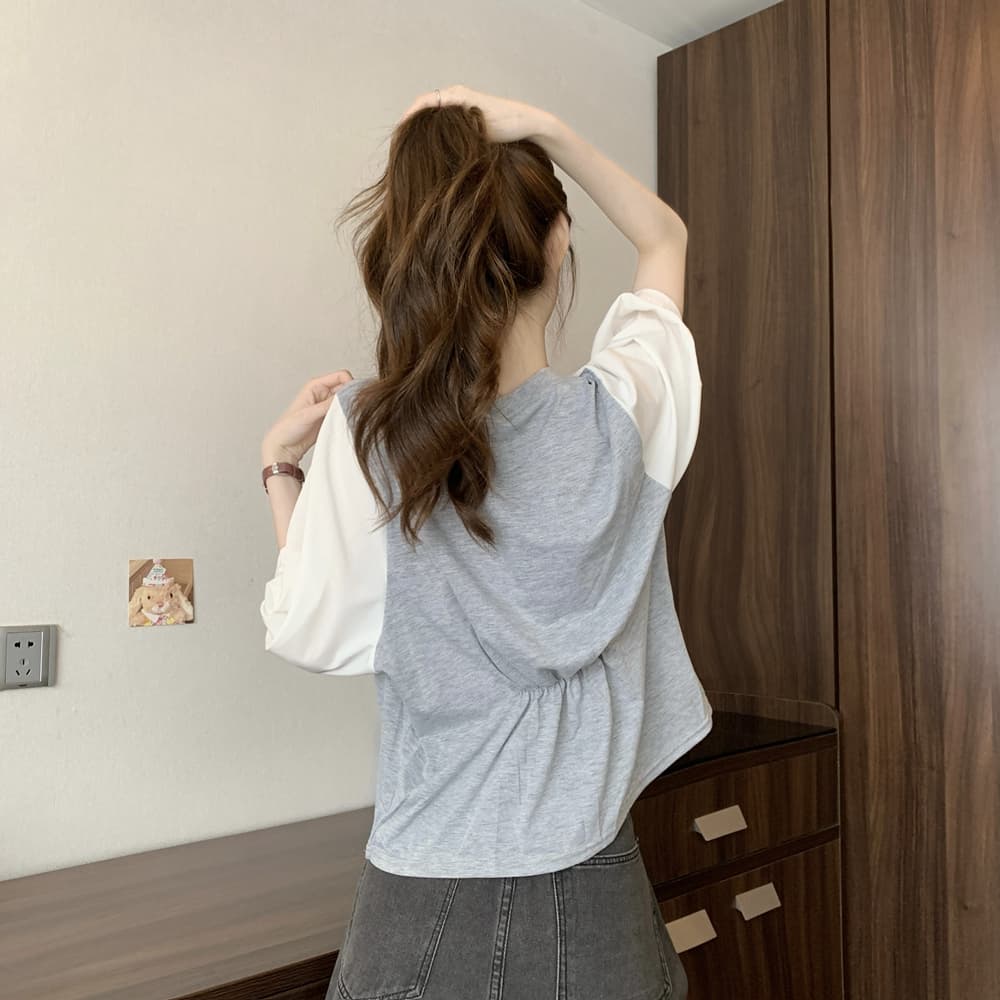 실사 여름 드레스 국경 간 일본과 한국 부서 티셔츠 셔츠 패치워크 색상 Chic 라운드 넥 루즈핏 레트로 디자인 센스 면 맨위 상세 이미지 22