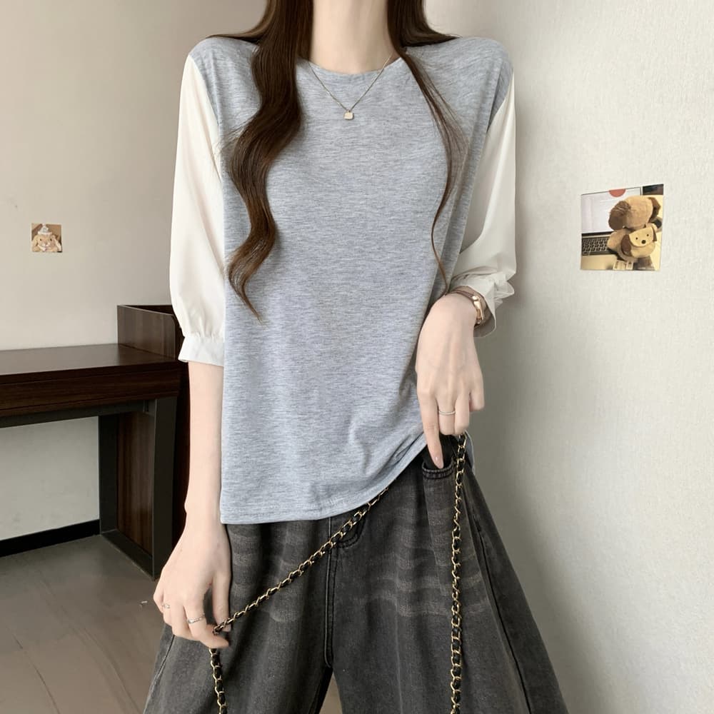실사 여름 드레스 국경 간 일본과 한국 부서 티셔츠 셔츠 패치워크 색상 Chic 라운드 넥 루즈핏 레트로 디자인 센스 면 맨위 상세 이미지 23
