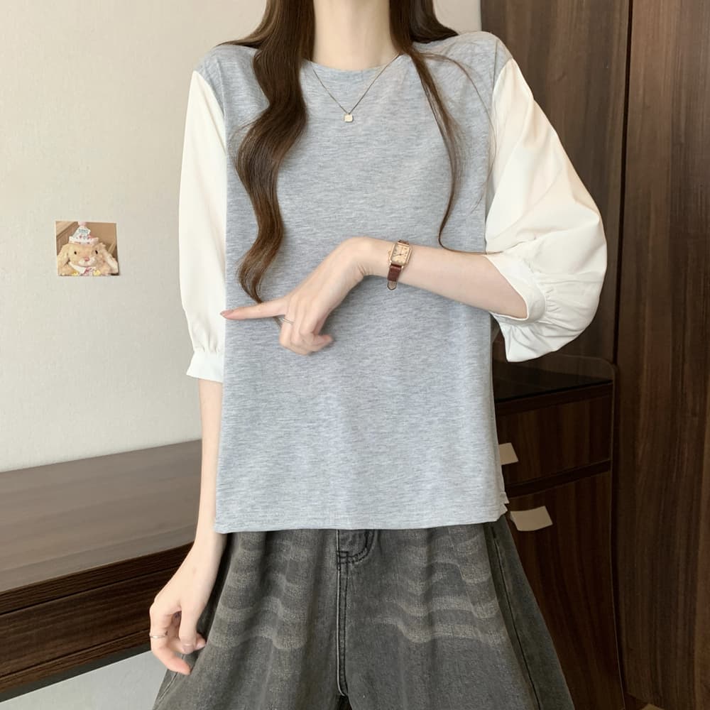 실사 여름 드레스 국경 간 일본과 한국 부서 티셔츠 셔츠 패치워크 색상 Chic 라운드 넥 루즈핏 레트로 디자인 센스 면 맨위 상세 이미지 27