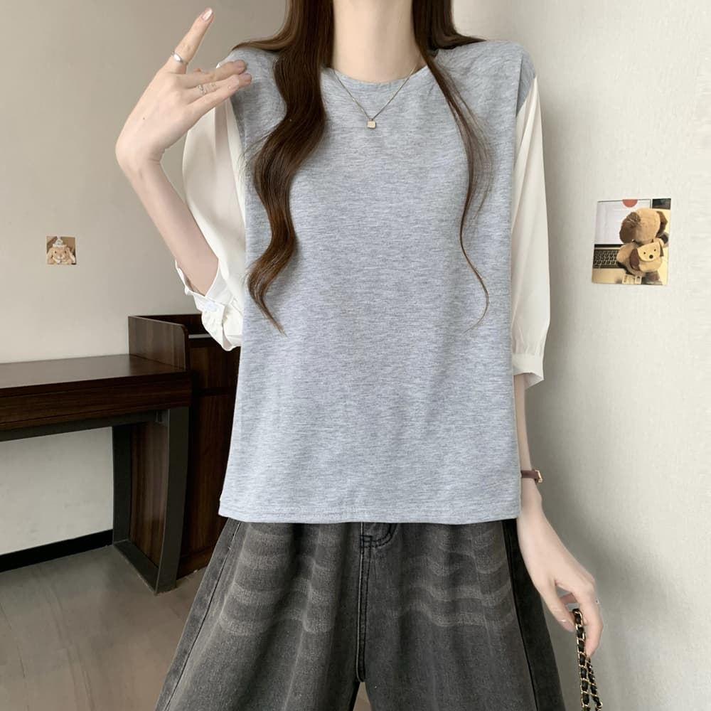 실사 여름 드레스 국경 간 일본과 한국 부서 티셔츠 셔츠 패치워크 색상 Chic 라운드 넥 루즈핏 레트로 디자인 센스 면 맨위 상세 이미지 28