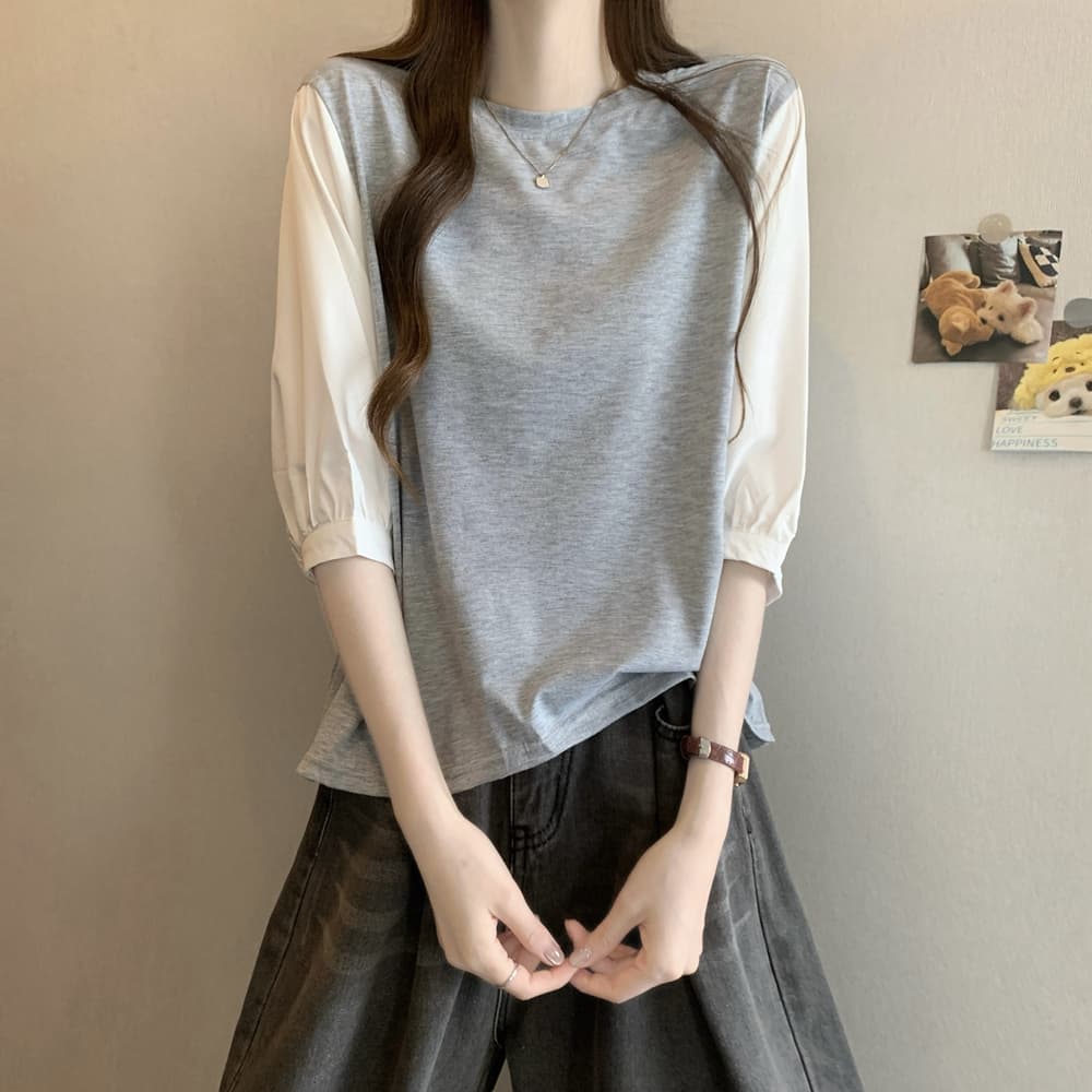 실사 여름 드레스 국경 간 일본과 한국 부서 티셔츠 셔츠 패치워크 색상 Chic 라운드 넥 루즈핏 레트로 디자인 센스 면 맨위 상세 이미지 31