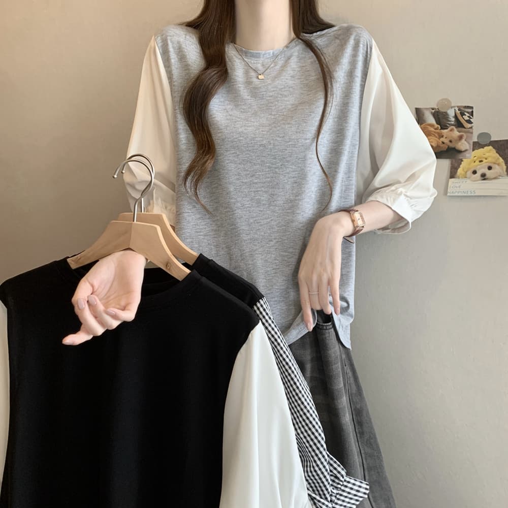 실사 여름 드레스 국경 간 일본과 한국 부서 티셔츠 셔츠 패치워크 색상 Chic 라운드 넥 루즈핏 레트로 디자인 센스 면 맨위