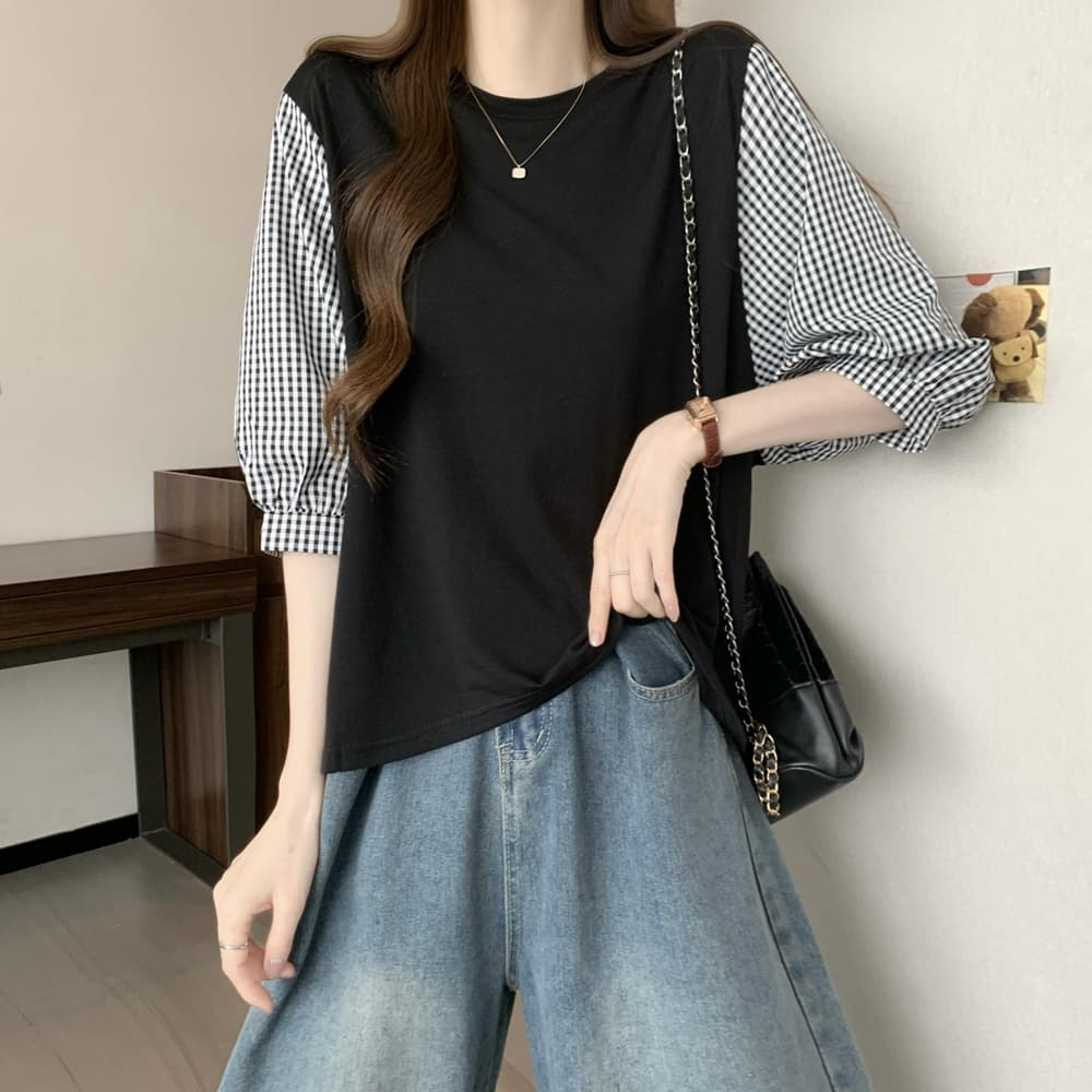 실사 여름 드레스 국경 간 일본과 한국 부서 티셔츠 셔츠 패치워크 색상 Chic 라운드 넥 루즈핏 레트로 디자인 센스 면 맨위 이미지 5
