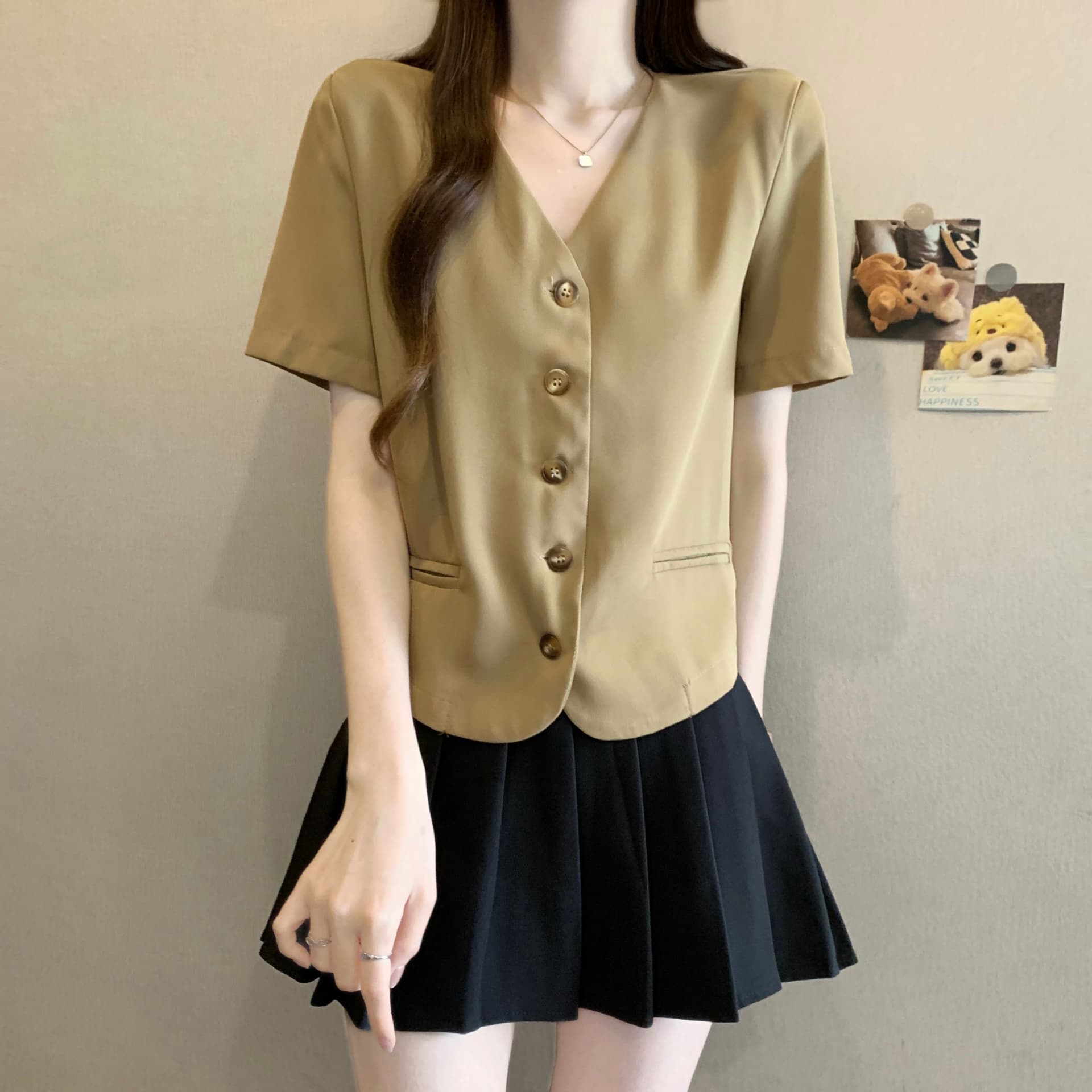 실사 여름 드레스 빅 사이즈 여성 의류 한국 스타일 chic 슬림해 보이는 V넥 싱글 줄 버튼 정장 맨위 m 4xl 200 kg 이미지 5