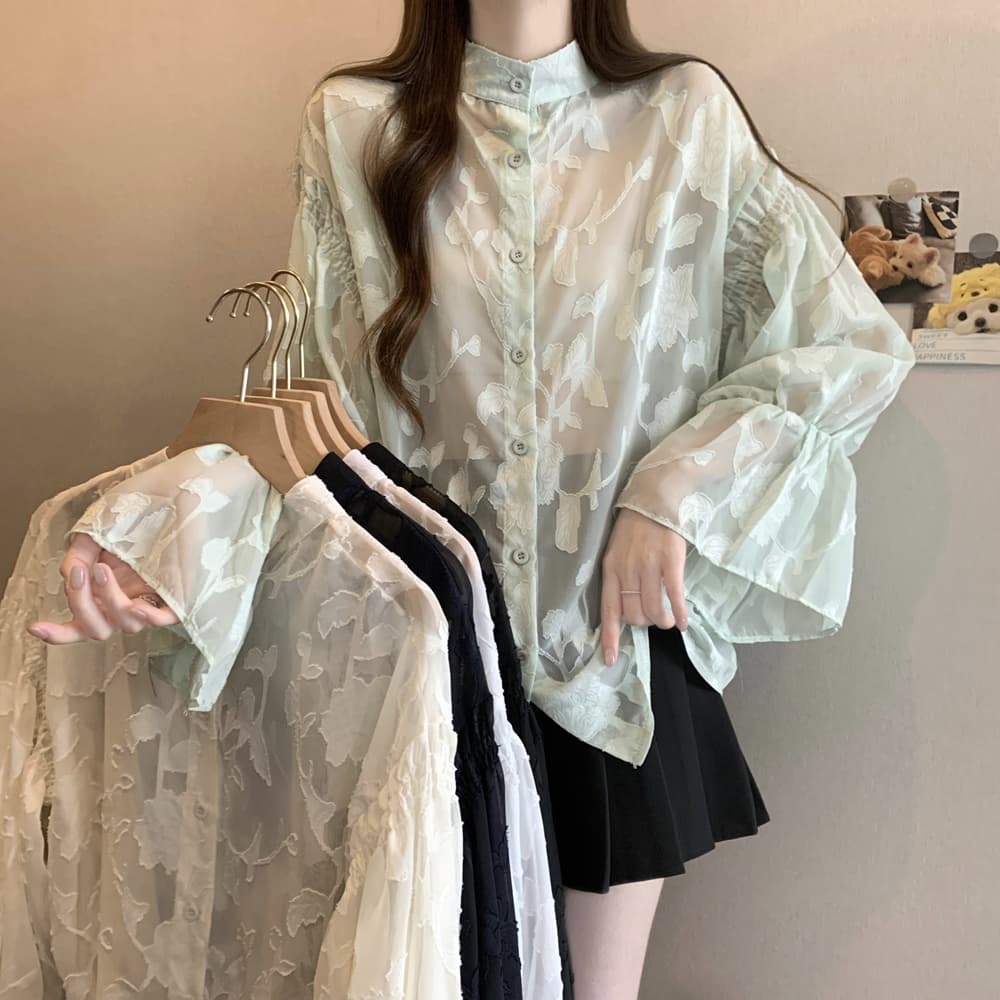 실사 여름 드레스 새로운 대외 무역 여성 의류 꽃 거품 소매 레이스 셔츠 쉬폰 톱 긴팔 셔츠 양면 착용 상세 이미지 2