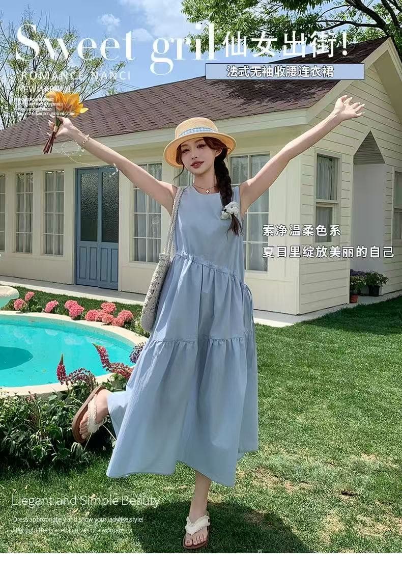 여름 드레스 새로운 프랑스식 파란색 민소매 조끼 원피스 여성 의류 착용 가져 가라. 품격 해변가 휴가 바람 상세 이미지 2