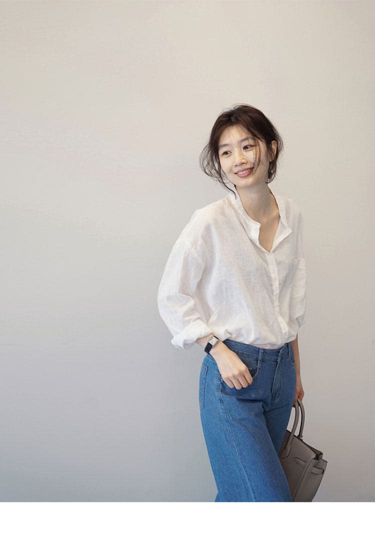 가을 의상 새로운 루즈핏 미니멀리즘 긴팔 셔츠 출퇴근 디자인 센스 주머니 스탠드 칼라 다용도 긴팔 맨위 상세 이미지 4