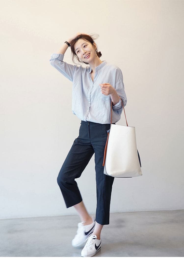 가을 의상 새로운 루즈핏 미니멀리즘 긴팔 셔츠 출퇴근 디자인 센스 주머니 스탠드 칼라 다용도 긴팔 맨위 상세 이미지 14