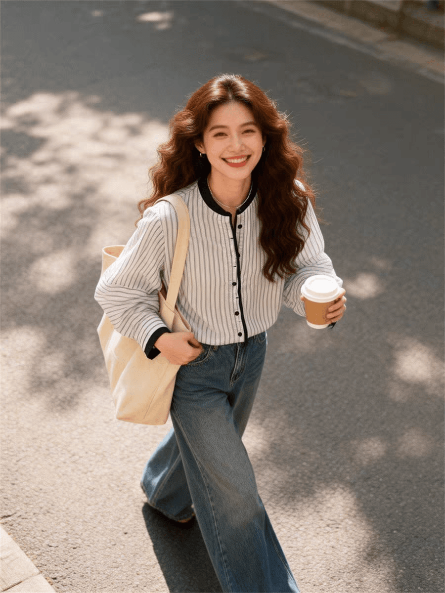 여름 드레스 새로운 고유 한 슈퍼 잘 생긴 맨위 라운드 넥 랜턴 긴팔 스트라이프 셔츠 고급 센스 한 부서 품격 작은 셔츠 상세 이미지 5