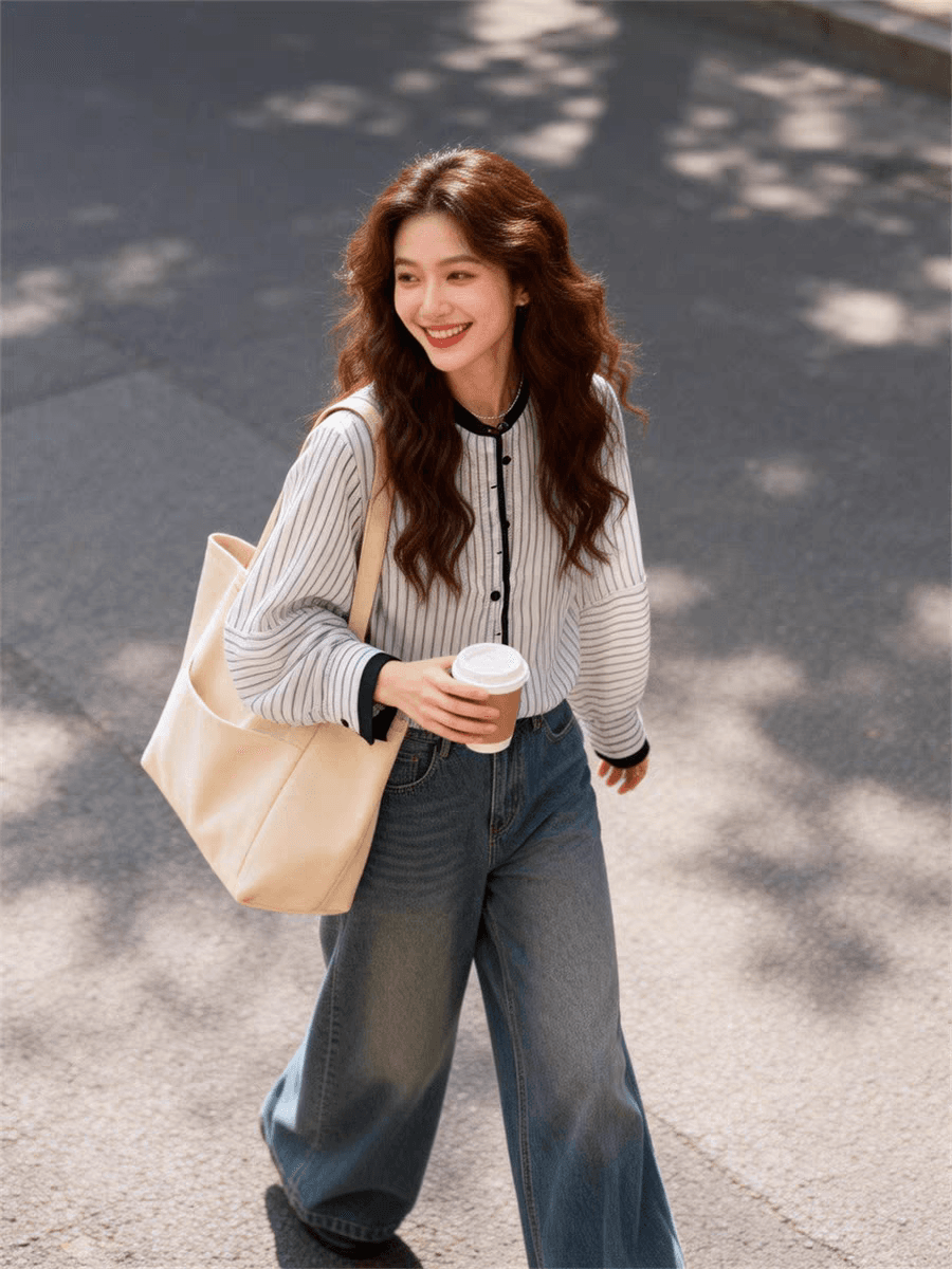 여름 드레스 새로운 고유 한 슈퍼 잘 생긴 맨위 라운드 넥 랜턴 긴팔 스트라이프 셔츠 고급 센스 한 부서 품격 작은 셔츠 상세 이미지 8