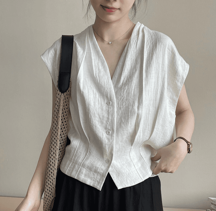 여름 드레스 새로운 디자인 섹션 V넥 플리츠 작은 날다 소매 맨위 여성 고급 센스 어깨 민소매 셔츠 이미지 3