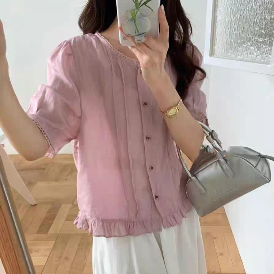 여름 드레스 새로운 빅 사이즈 여성 의류 면 린넨 프릴 라운드 넥 반팔 셔츠 프랑스식 사소한 작은 맨위