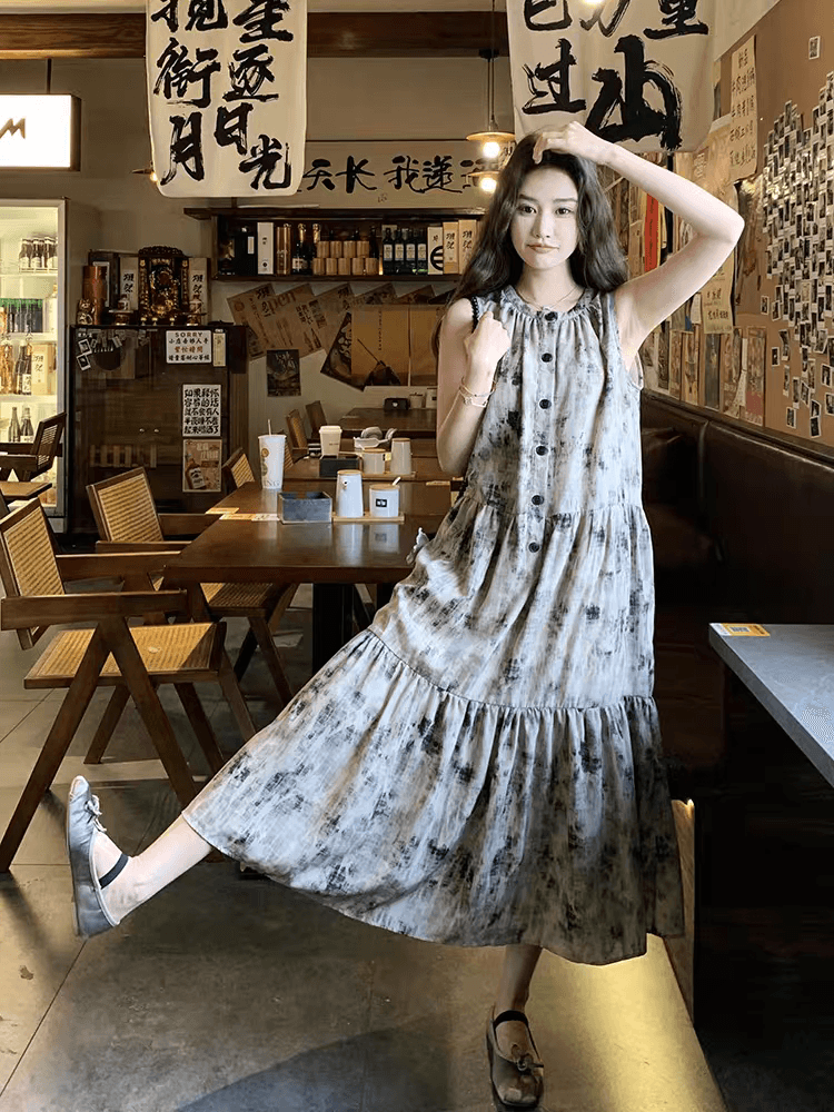 여름 드레스 새로운 민소매 해변 해변가 휴가 여성 드레스 행침 목 슈퍼 잘 생긴 수묵화 헤일로 염색 슬림해 보이는 롱 스커트 상세 이미지 10