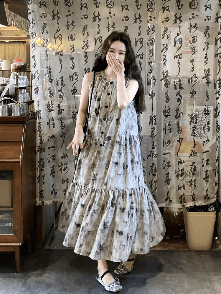 여름 드레스 새로운 민소매 해변 해변가 휴가 여성 드레스 행침 목 슈퍼 잘 생긴 수묵화 헤일로 염색 슬림해 보이는 롱 스커트 상세 이미지 11