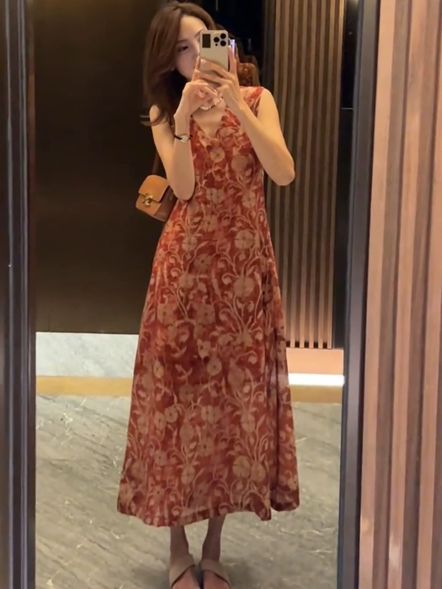 고급 센스 레트로 품격 V넥 조끼 빨간색 여성 드레스 여름 새로운 치마 허리 수축 슬림해 보이는 꽃무늬 치마 상세 이미지 6