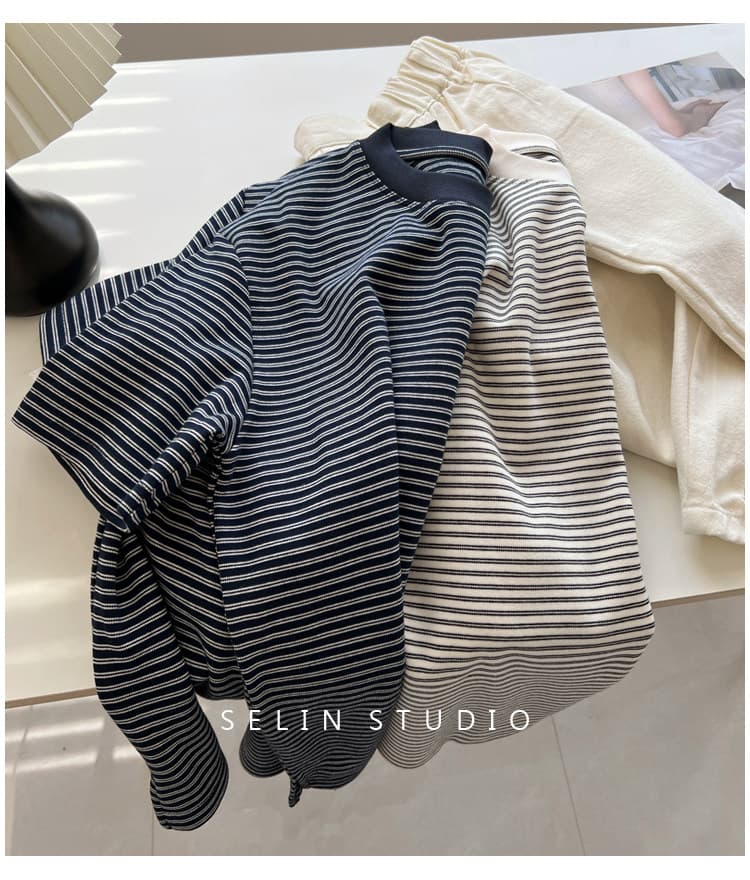 새로운 한 부서 루즈핏 캐주얼 배색 라운드 넥 반팔 티셔츠 미니멀리즘 배색 스트라이프 반팔 티셔츠 여성 상세 이미지 6