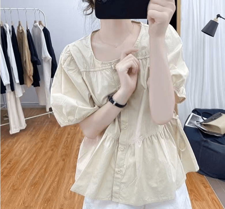 여름 새로운 루즈핏 슬림해 보이는 면 소재 반팔 여성 셔츠 품격 연령 감소 인형 셔츠 신선함 달콤함 작은 셔츠