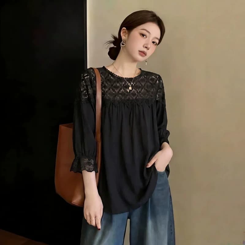 새로운 여름 화이트 레이스 홀로우 아웃 패치워크 반소매 여성 셔츠 빅 사이즈 지방 mm 그레이트 봐. 의류 상세 이미지 4
