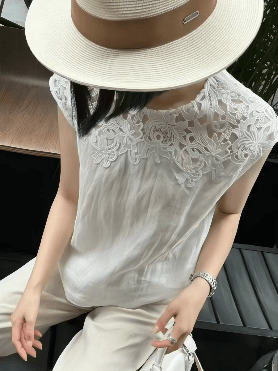 동대문 프랑스식 홀로우 아웃 아마 티셔츠 여성 여름 새로운 절묘한 작은 셔츠 레이스 셔츠 민소매 조끼 이미지 3