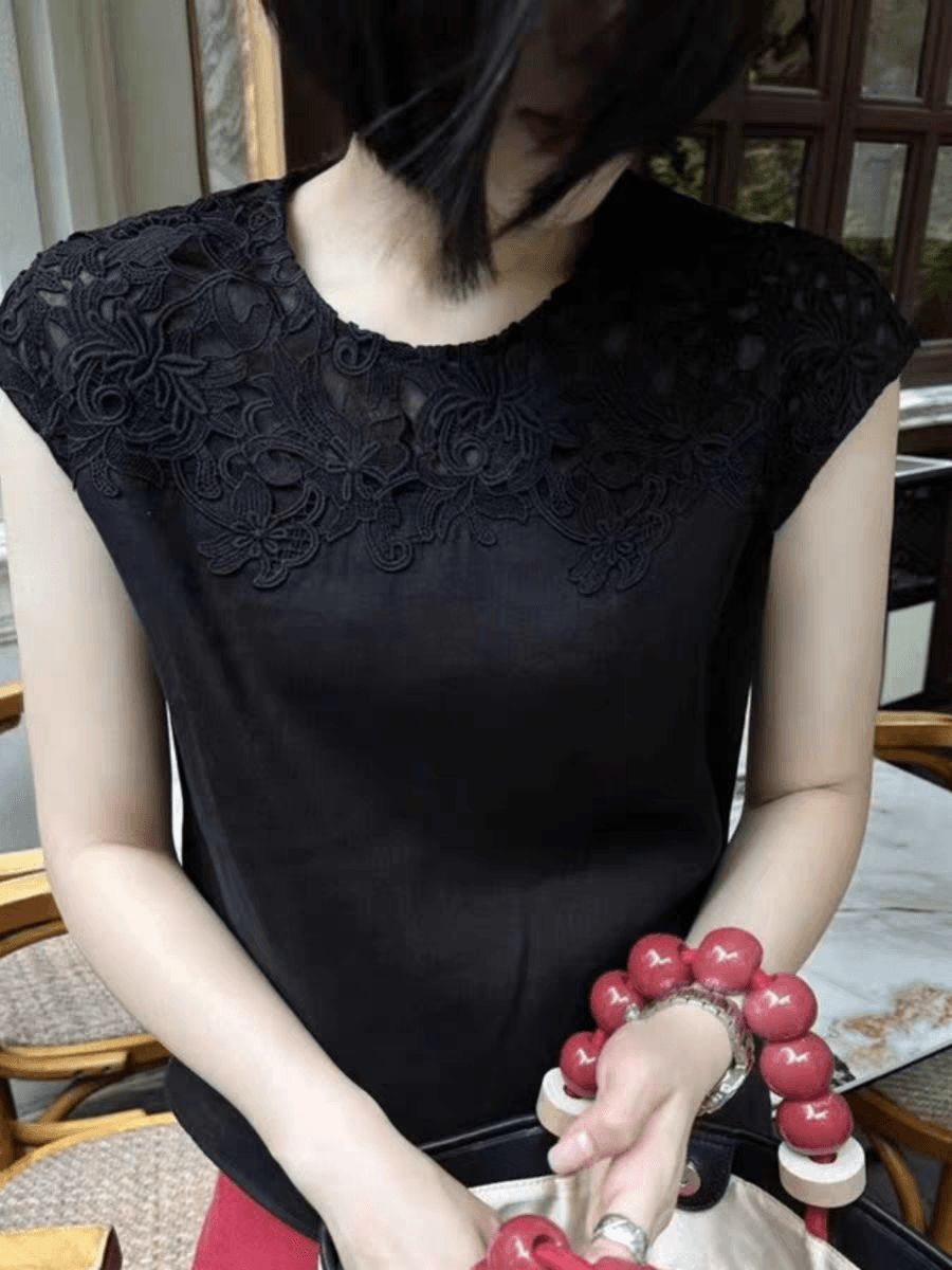 동대문 프랑스식 홀로우 아웃 아마 티셔츠 여성 여름 새로운 절묘한 작은 셔츠 레이스 셔츠 민소매 조끼 상세 이미지 5