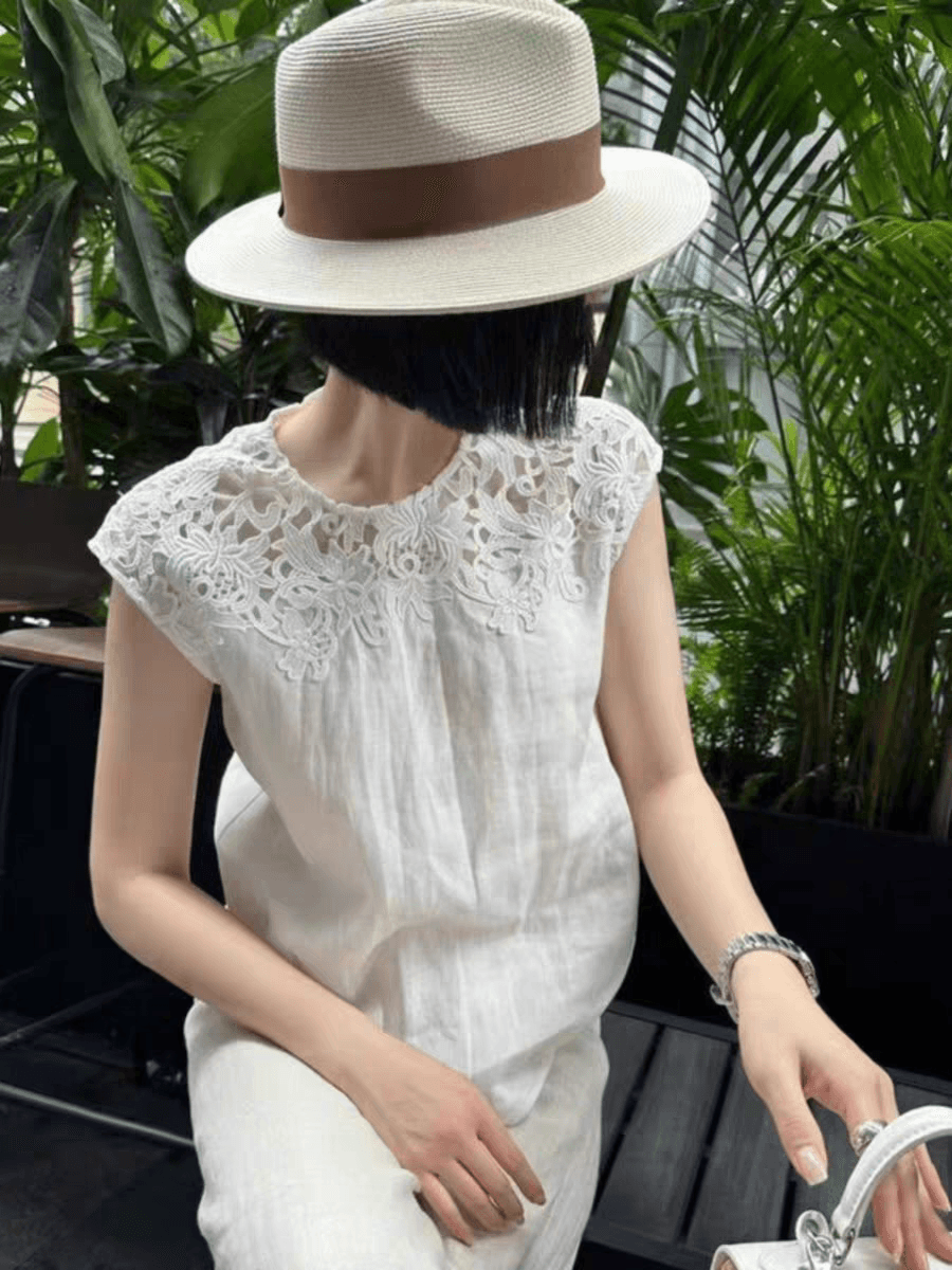 동대문 프랑스식 홀로우 아웃 아마 티셔츠 여성 여름 새로운 절묘한 작은 셔츠 레이스 셔츠 민소매 조끼 상세 이미지 6