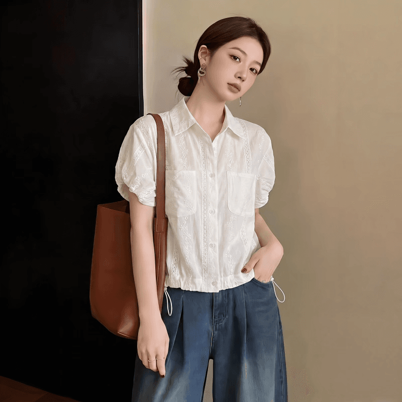 거품 소매 긍정적 인 어깨 반팔 여성 셔츠 여름 새로운 빅 사이즈 지방 mm 연령 감소 작은 셔츠 밑단 펌프 로프 맨위 이미지 2